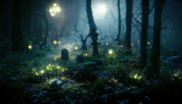 Realistic haunted forest landscape at night Fantasy Halloween forest background 3D illustration