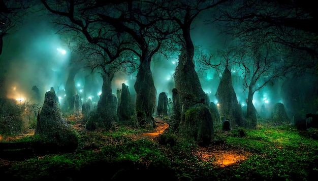 Realistic haunted forest spooky landscape at night Fantasy Halloween forest background 3D illustration