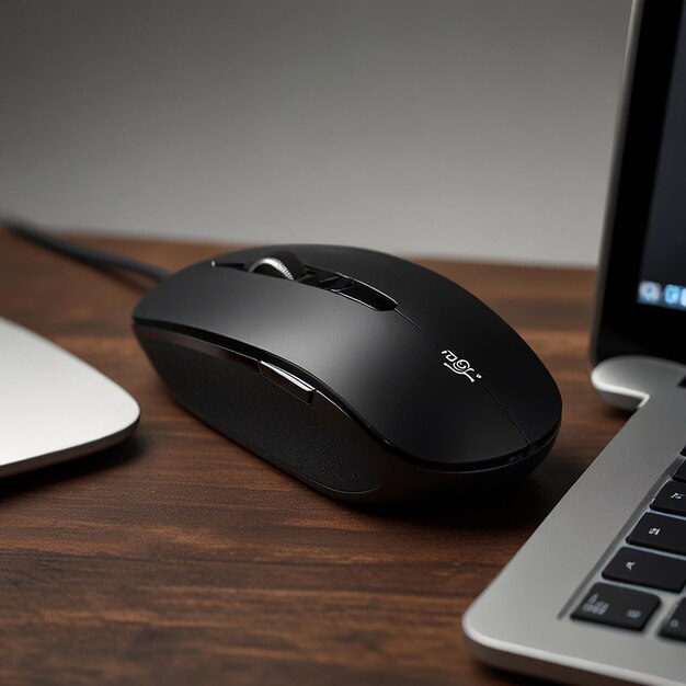 Realistic and HighQuality Image of Sleek Wireless Mouse with Glossy Black Finish in Modern Minimali