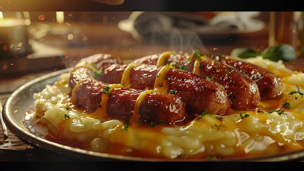 Photo realistic highresolution photo of bangers and mash with detailed background and natural lighting