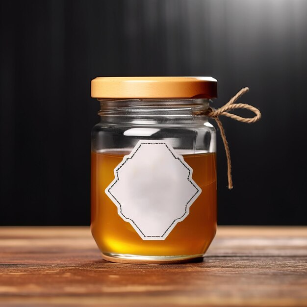 Realistic Honey Jar MockUp covered with white Blank paper Label on light wooden background