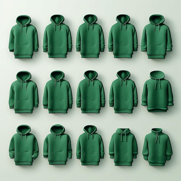 Realistic hoodies and hooded sweatshirts mockup set in green color isolated