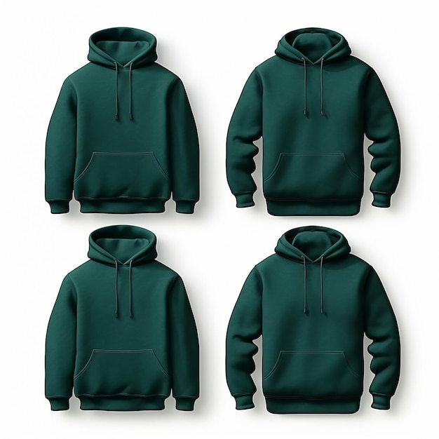 Realistic hoodies and hooded sweatshirts mockup set in green color isolated