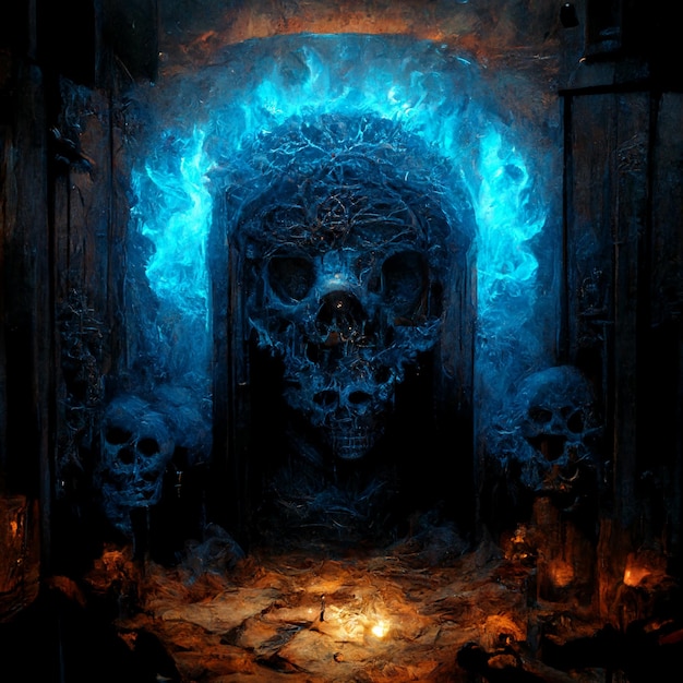 Realistic horror dungeon skull gate glowing blue flames digital illustration