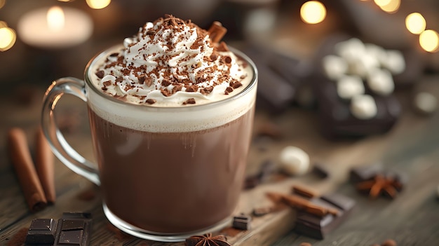 Realistic hot chocolate with cream cinnamon spices and chocolate