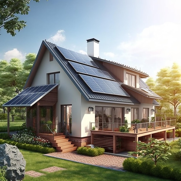 Realistic House Building Design with Solar Panel Roof A Vision of a Clean and Efficient Future