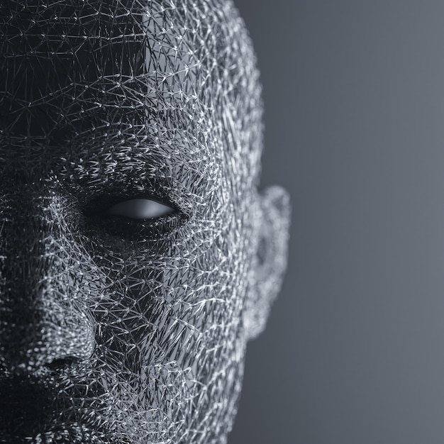 Realistic human face with glass shards pattern 3D render Virtual concept