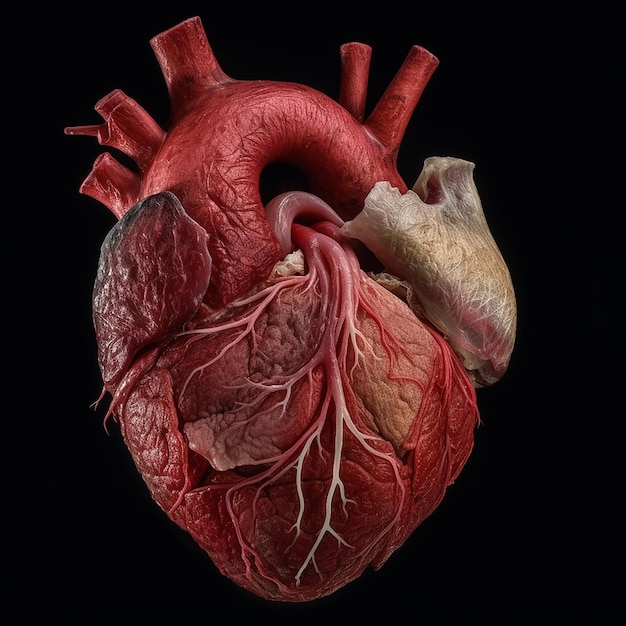 Realistic human heart isolated on dark background Human anatomy Venous system