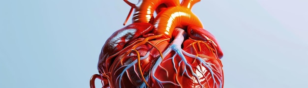 Photo realistic human heart with detailed veins and arteries3d model illustration closeup noblur