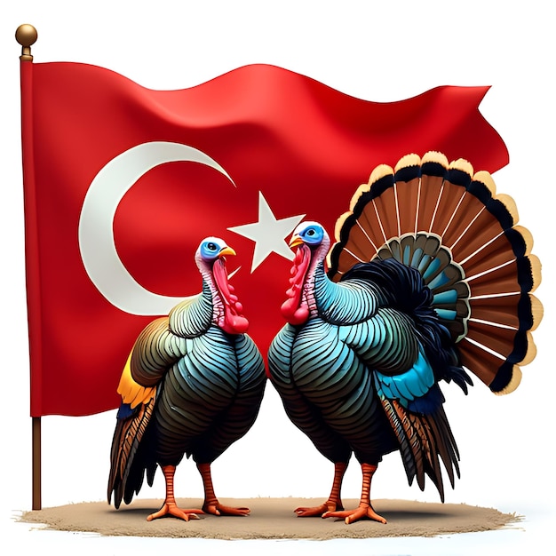 Photo a realistic and humorous scene featuring two turkeys standing next to a turkish flag image with ai