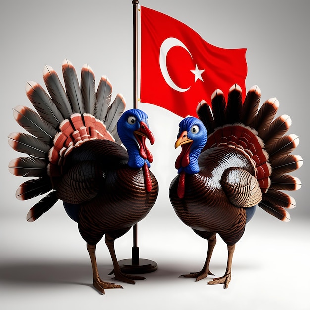 Photo a realistic and humorous scene featuring two turkeys standing next to a turkish flag image with ai