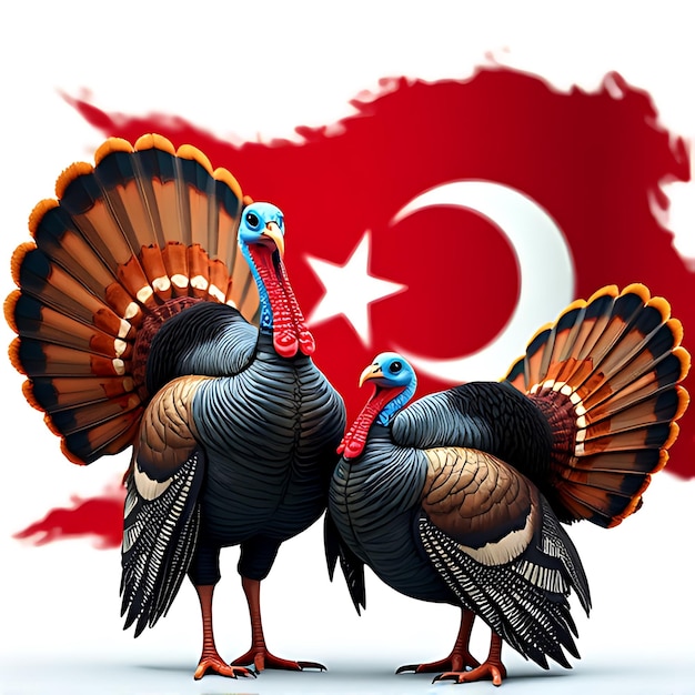 Photo a realistic and humorous scene featuring two turkeys standing next to a turkish flag image with ai