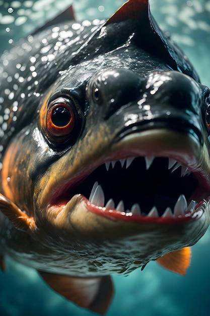 a realistic hungry piranha with a fierce expression swimming rapidly towards the viewer