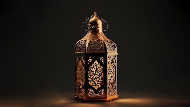 Realistic Illuminated Arabic Lantern On Black Background Islamic Religious Concept 3D Render