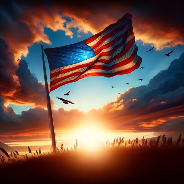 Realistic illustration of the american flag on a flagpole against a sunset background