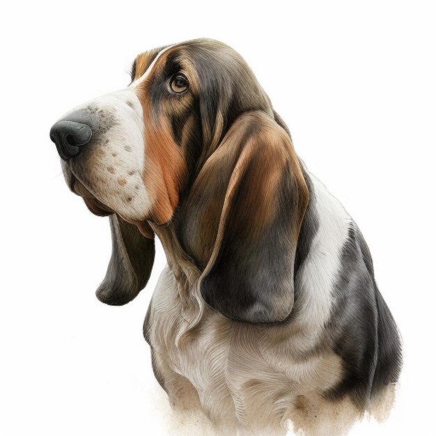 Photo realistic illustration of a basset hound capturing its droopy ears and soulful eyes ideal for pet