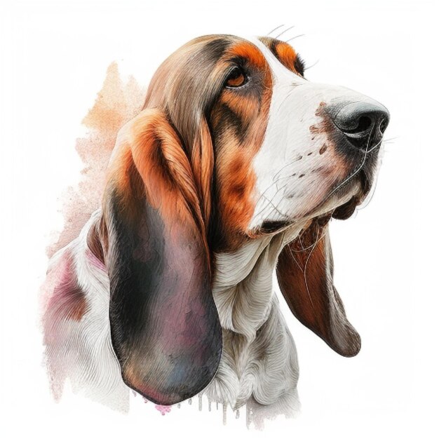 Photo realistic illustration of a basset hound capturing its droopy ears and soulful eyes ideal for pet