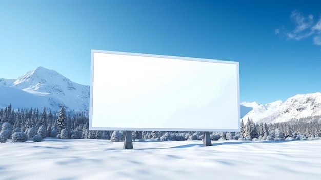 Realistic Illustration Blank white billboard on the side of a mountain road in winter