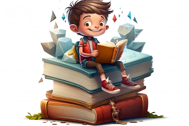 a realistic illustration of a boy sitting on a big book