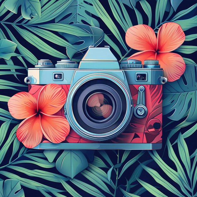 Realistic Illustration of camera icon with green and flowers in colorful cartoon style pop art creative camera icon