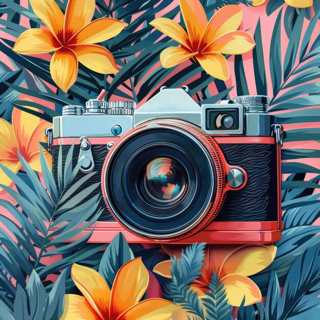 Realistic Illustration of camera icon with green and flowers in colorful cartoon style pop art creative camera icon