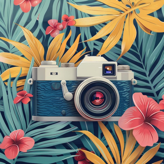 Realistic Illustration of camera icon with green and flowers in colorful cartoon style pop art creative camera icon