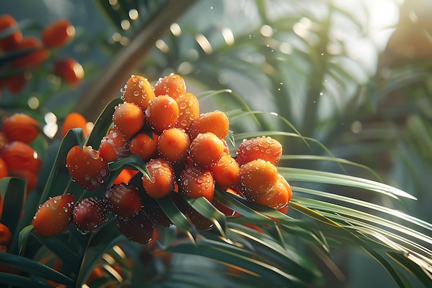 Realistic Illustration of Orange Fruits with Dew Drops on Green Leaves