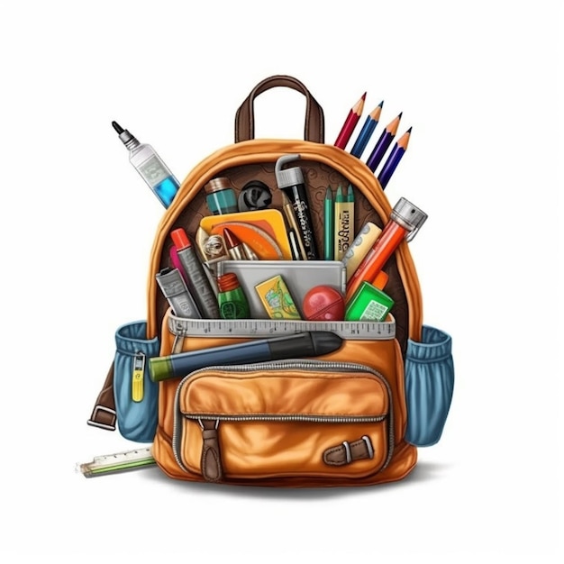 A realistic illustration of a school backpack with school supplies generative ai