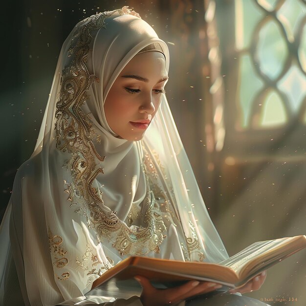 Photo realistic illustration of a serene muslim woman in reflection