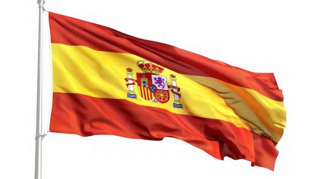 Photo realistic illustration of the spanish flag waving proudly on a flagpole with detailed texture generative ai