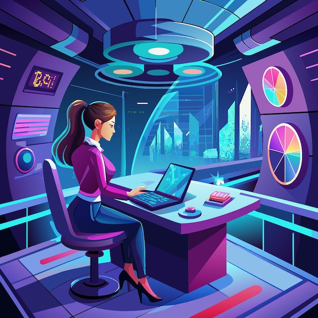 a realistic illustration of women working with her laptop on a modern desk