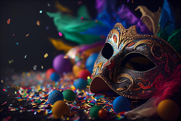 Realistic ilustration Venetian carnival mask and party confetti with copy space Generative AI