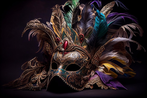 Realistic ilustration Venetian carnival mask with feathers on the dark background Generative AI