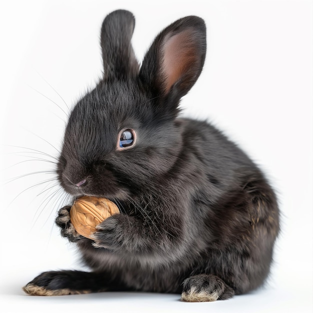 Realistic image of black cute rabit eating walnuts