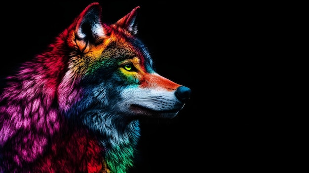 Photo realistic image of a colorful wolf against a black background