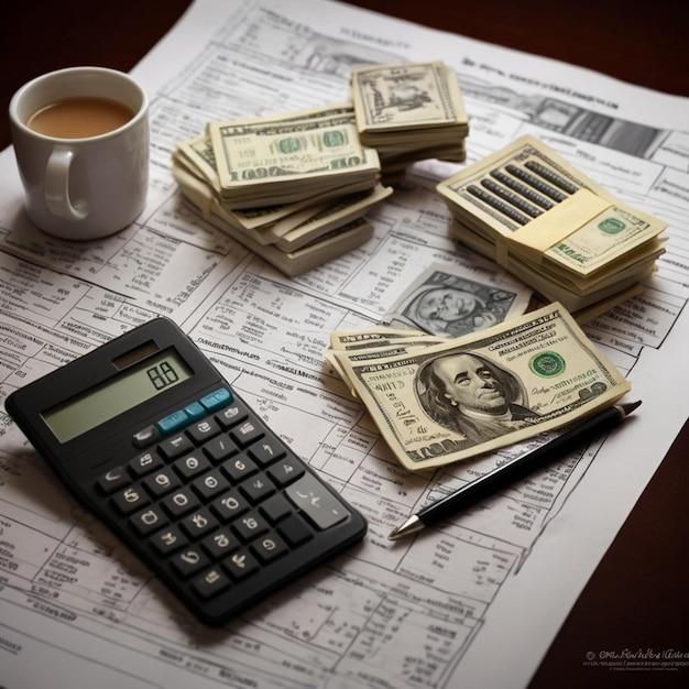 Photo realistic image of currency notes calculator on a financial report emphasizing financial planning