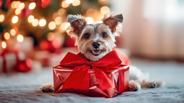 A realistic image of a dog in a Christmas present costume wrapped in glossy paper with a large red bow posing cheerfully