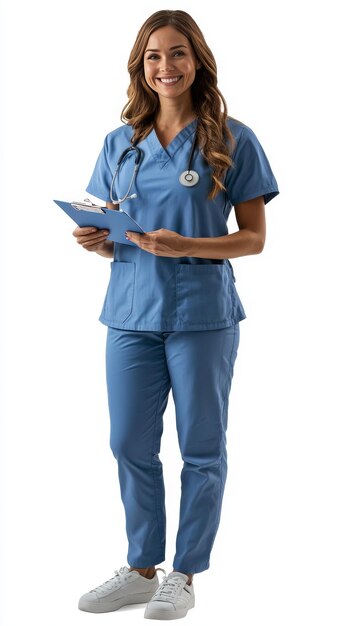 Photo realistic image of nurse in scrubs holding clipboard