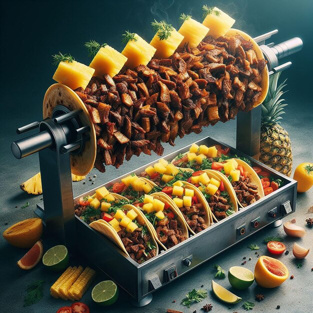 Realistic Image of Tacos Al Pastor on a Vertical Spit with Marinated Meat and Pineapple Slices