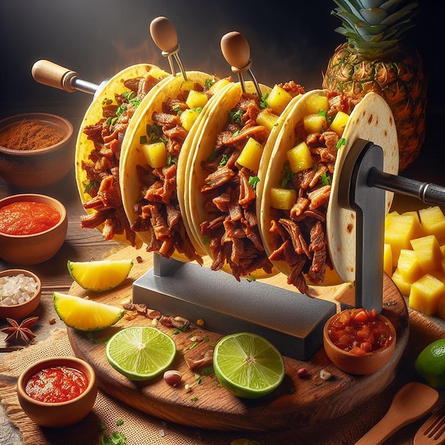 Realistic Image of Tacos Al Pastor on a Vertical Spit with Marinated Meat and Pineapple Slices