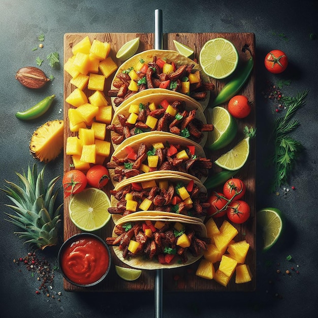 Realistic Image of Tacos Al Pastor on a Vertical Spit with Marinated Meat and Pineapple Slices