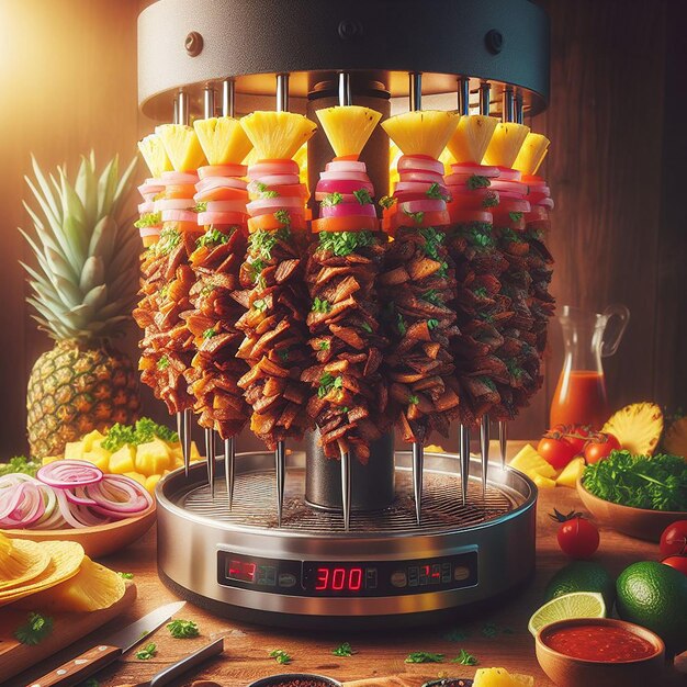 Realistic Image of Tacos Al Pastor on a Vertical Spit with Marinated Meat and Pineapple Slices