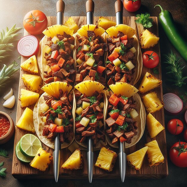 Realistic Image of Tacos Al Pastor on a Vertical Spit with Marinated Meat and Pineapple Slices