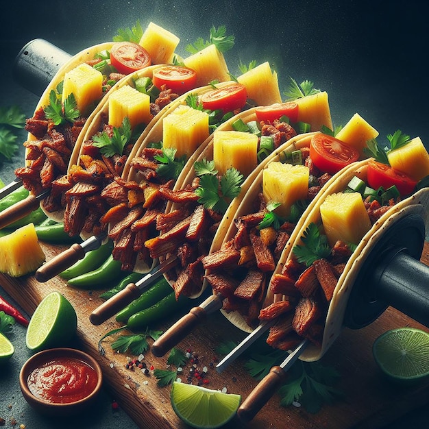 Realistic Image of Tacos Al Pastor on a Vertical Spit with Marinated Meat and Pineapple Slices