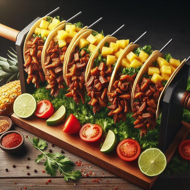 Realistic Image of Tacos Al Pastor on a Vertical Spit with Marinated Meat and Pineapple Slices