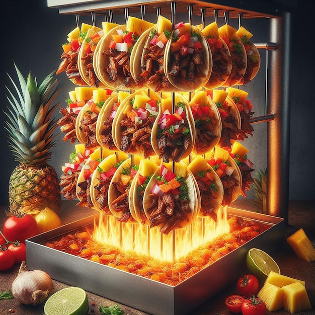 Realistic Image of Tacos Al Pastor on a Vertical Spit with Marinated Meat and Pineapple Slices