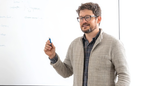 Photo realistic image of teacher explaining on whiteboard in 8k