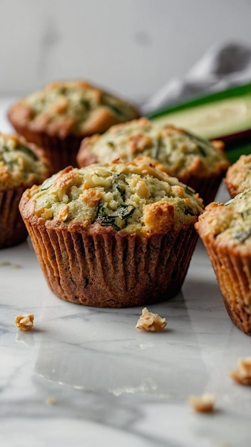 Photo a realistic image of zucchini muffins in a white marble kitchen light and bright depth of field