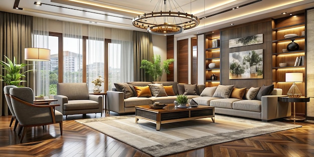 Realistic interior design with furniture