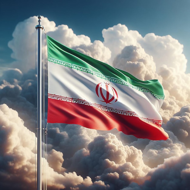 Realistic Iran Flag on flag pole waving in the wind against white clouds